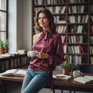 Diane Von Furstenberg Rich‎ Burgundy One-Shoulder Drapy Silky Neck Tie Blouse